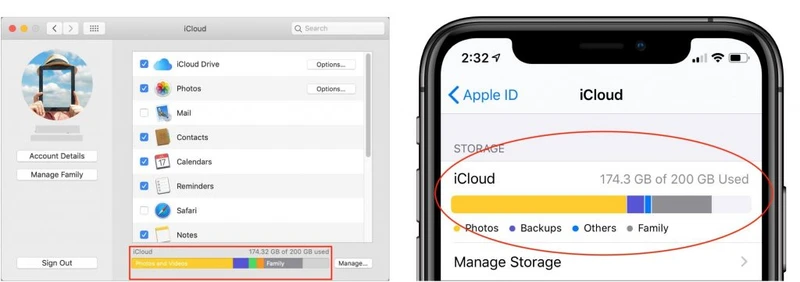 iCloud storage graphs in Mac and iPhone settings showing how space is being used