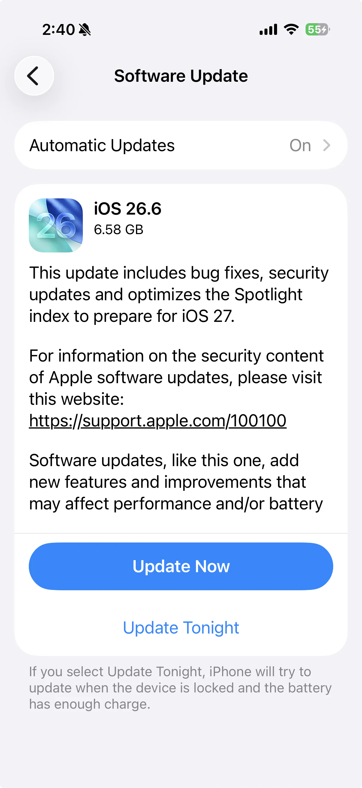 The iPhone Software Update screen for iOS 26.6, showing Apple's release notes and the Update Now and Update Tonight buttons.