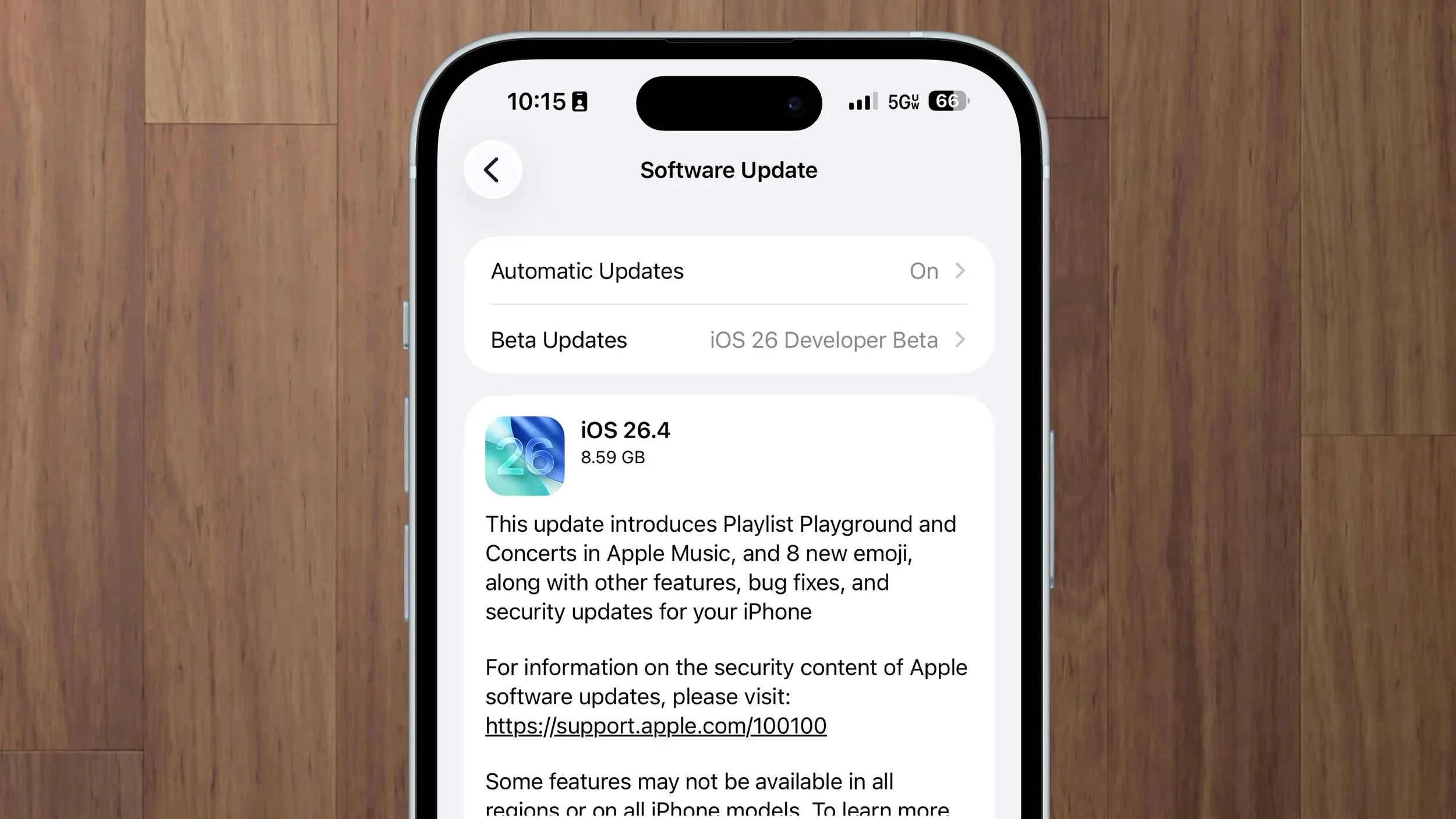 An iPhone displaying the iOS 26.4 Software Update screen