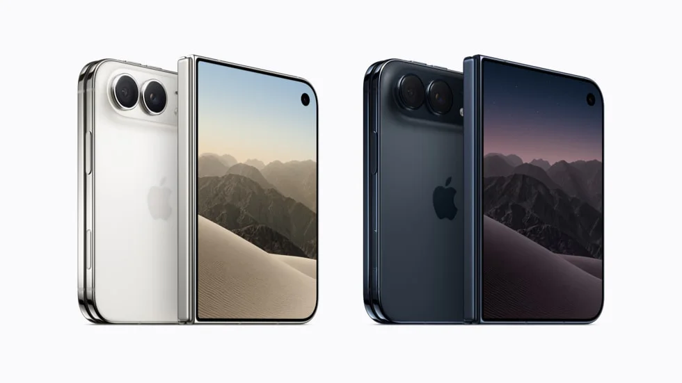 The folding iPhone Duo shown open and closed in star white and night sky