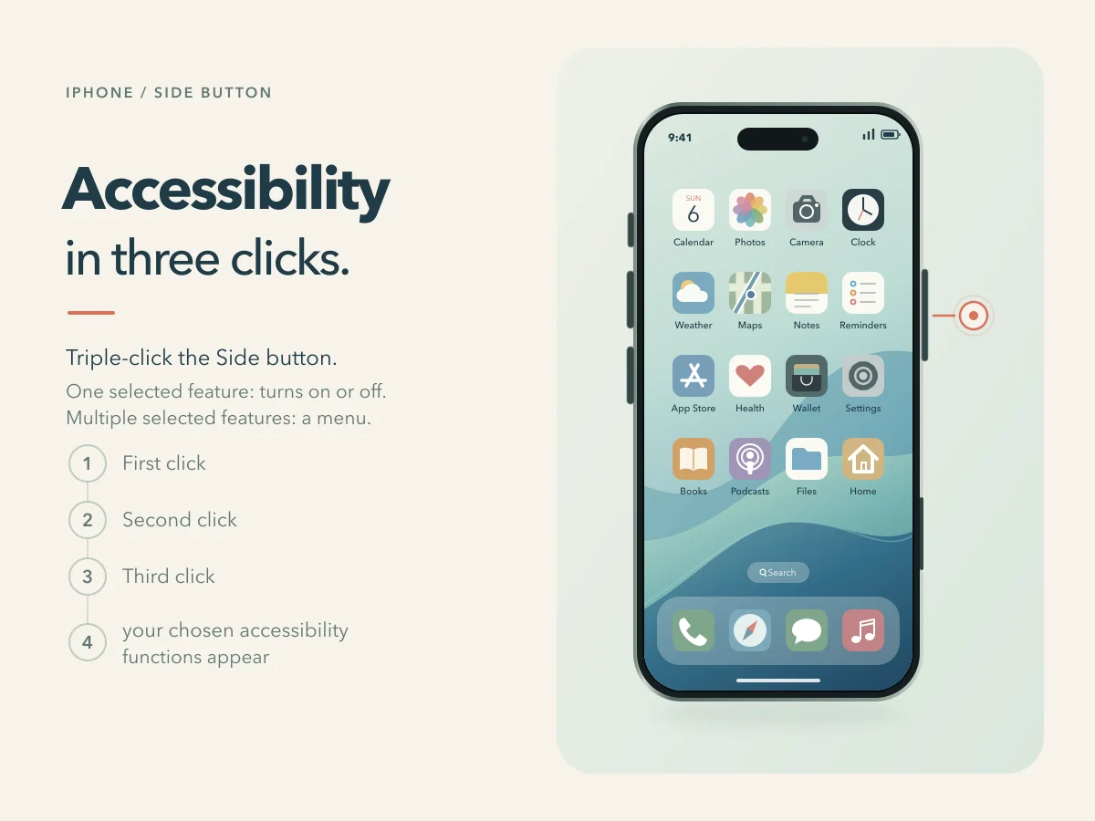 The Side button is clicked three times and the chosen Accessibility Shortcut functions appear.