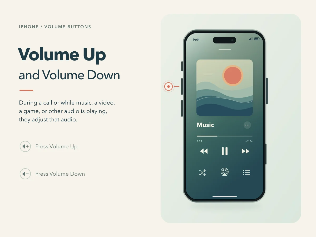 Volume Up and Volume Down are pressed separately while the on-screen media volume rises and falls.