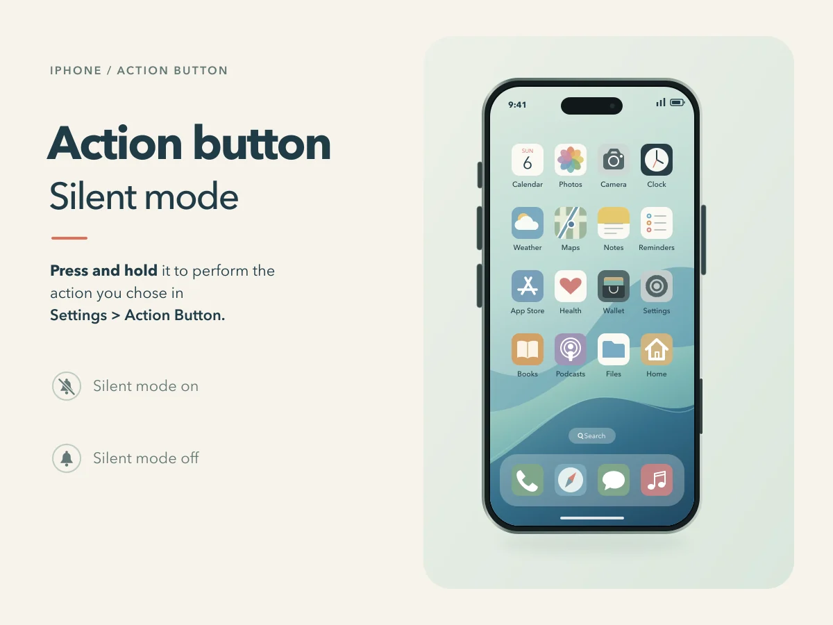 The Action button is held to turn Silent mode on and held again to turn Silent mode off.