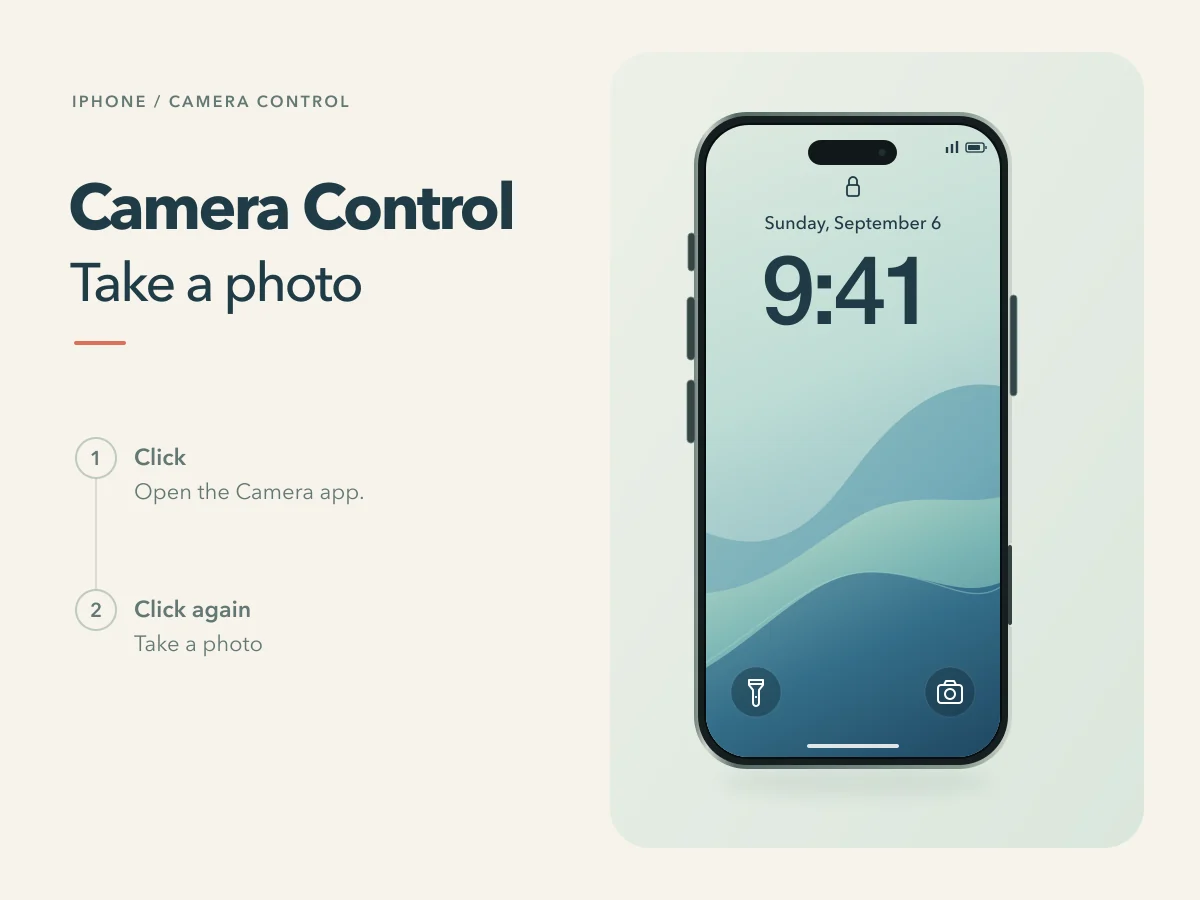 From the Lock Screen, Camera Control is clicked to open Camera and clicked again to take a photo.