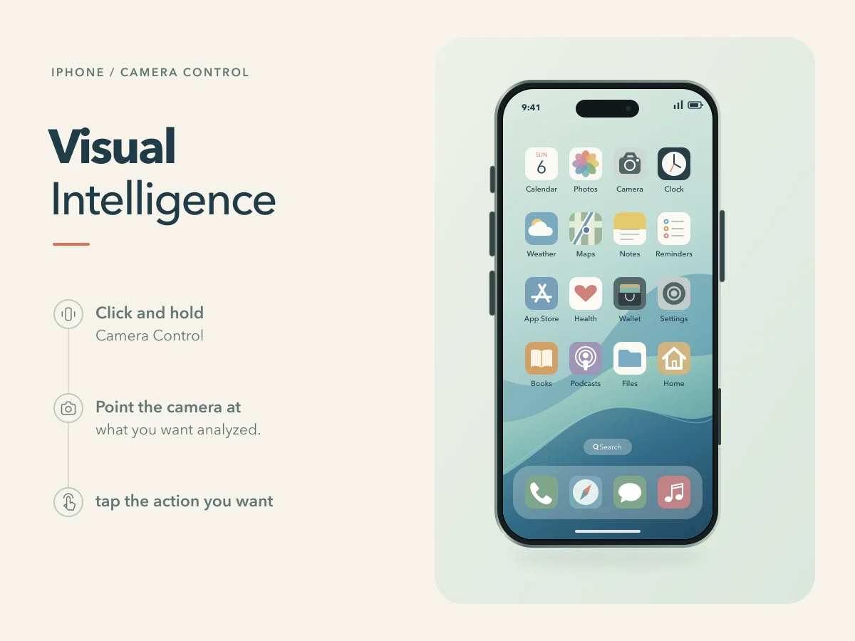 Camera Control is held to open Visual Intelligence, point at a plant, and choose an available action.