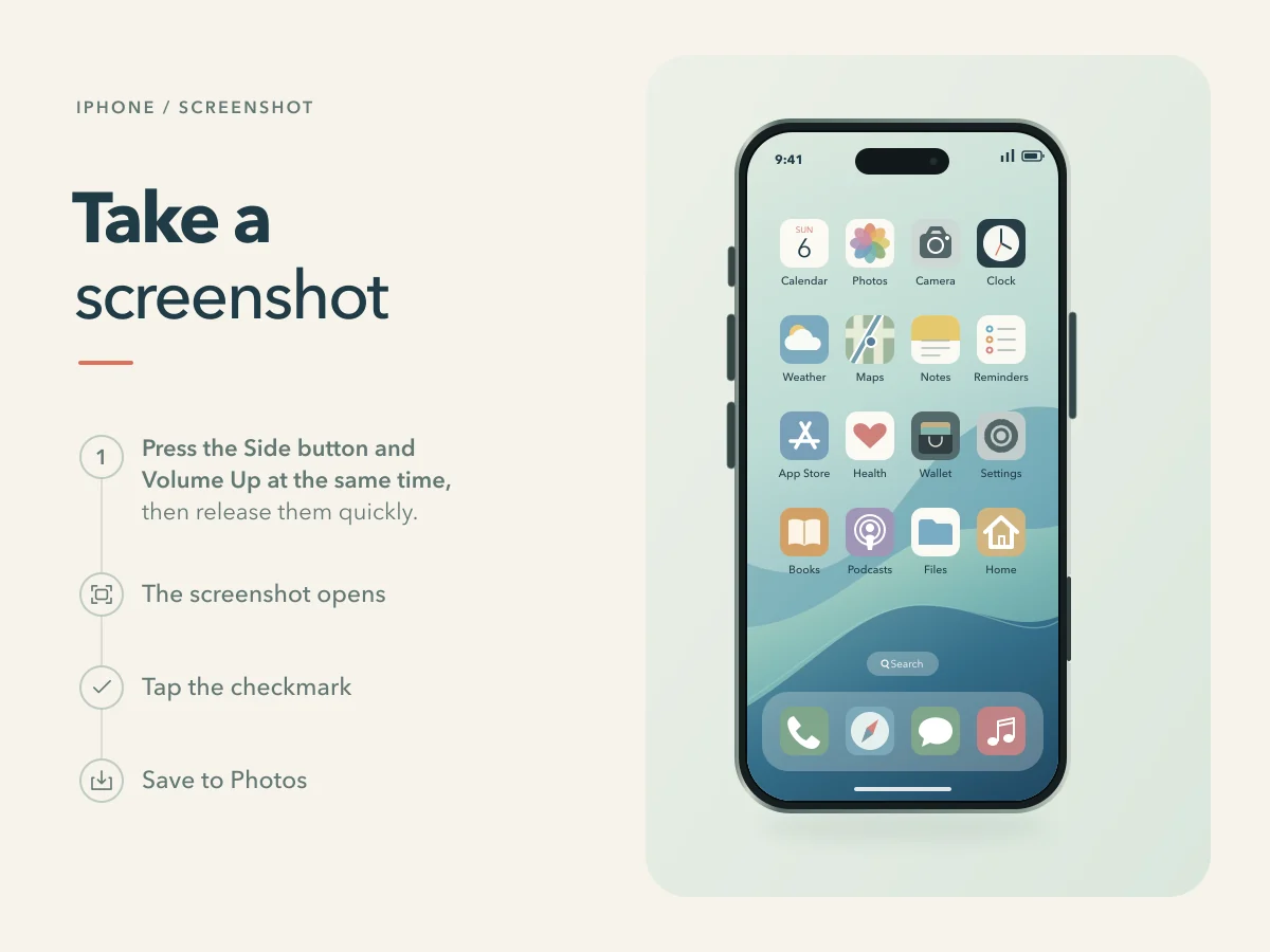 The Side button and Volume Up are pressed together, then the screenshot checkmark and Save to Photos are tapped.