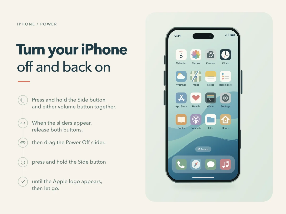 The Side and Volume Down buttons are held to open power controls, the iPhone is turned off, and the Side button restarts it.