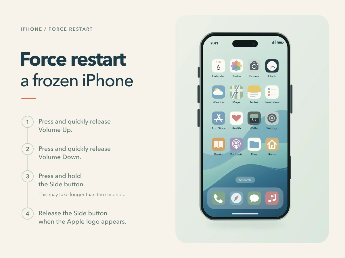 Volume Up and Volume Down are pressed and released in sequence, then the Side button is held until the Apple logo appears.