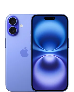 Ultramarine iPhone 16 shown from the front and back