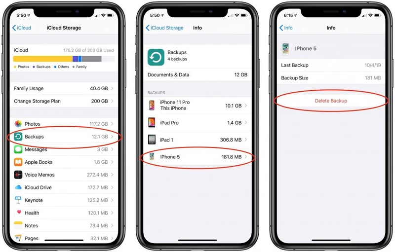 iPhone iCloud Storage and Backups screens showing how to select and delete an old device backup