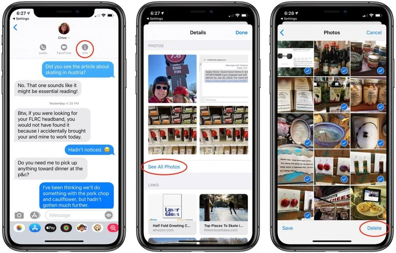 iPhone Messages storage screens showing large conversations and their photo attachments