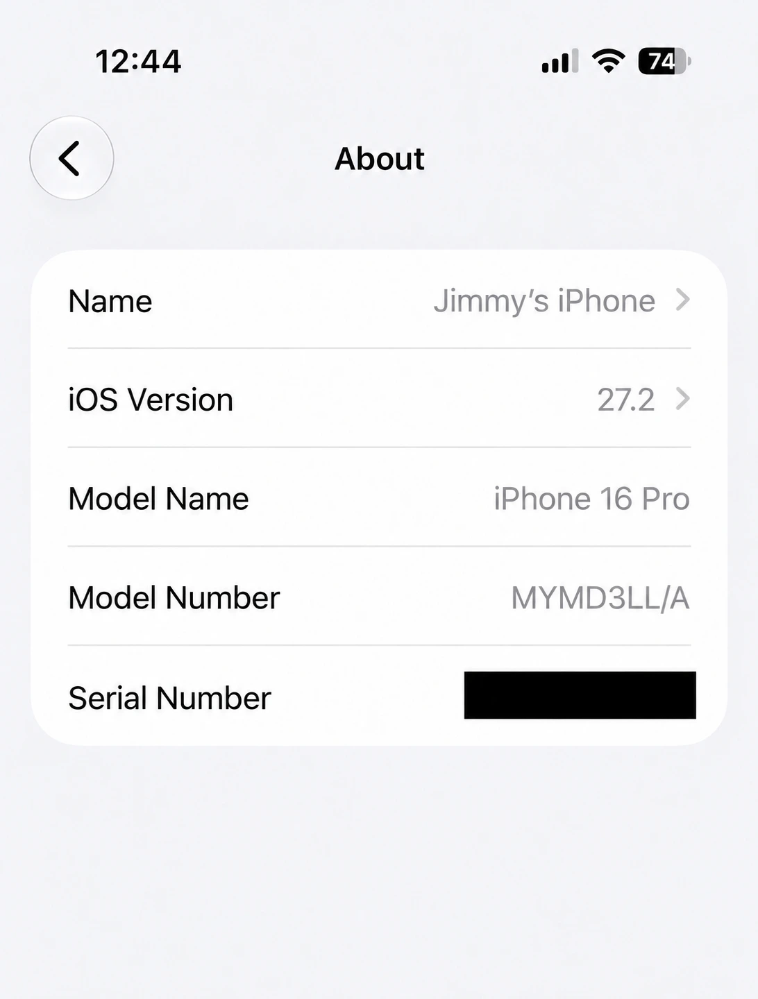 iPhone Settings General About showing Model Name iPhone 16 Pro and iOS Version, with the serial number hidden