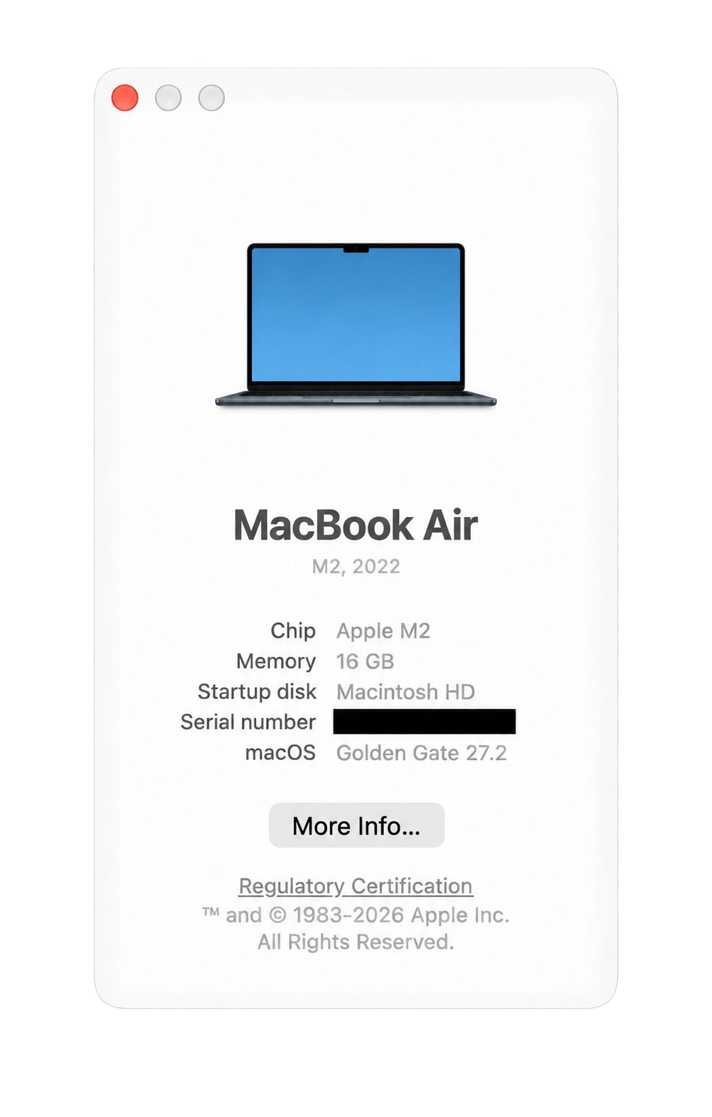 About This Mac showing a MacBook Air, M2 chip, 2022 model year, and 16 GB of memory, with the serial number hidden