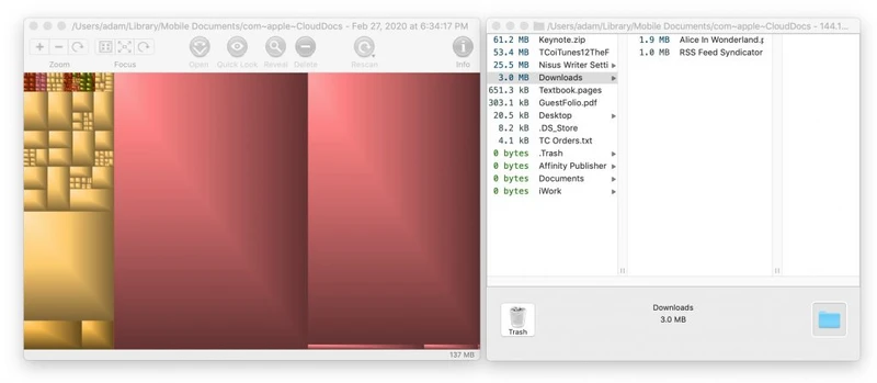 Mac disk-usage utilities visualizing large files stored in iCloud Drive