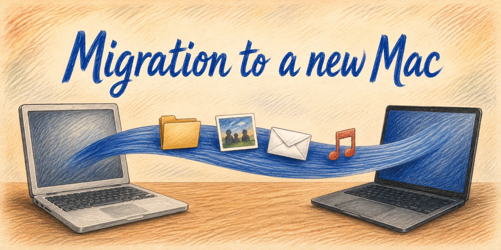 Colored-pencil illustration of files crossing a flowing blue ribbon from an older Mac to a new Mac