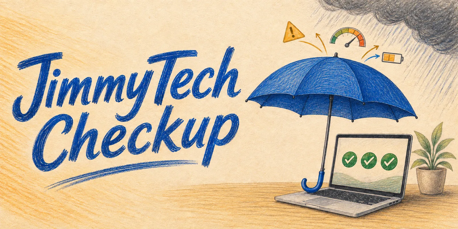 Colored-pencil illustration of a blue umbrella sheltering a laptop as a low-battery warning bounces away