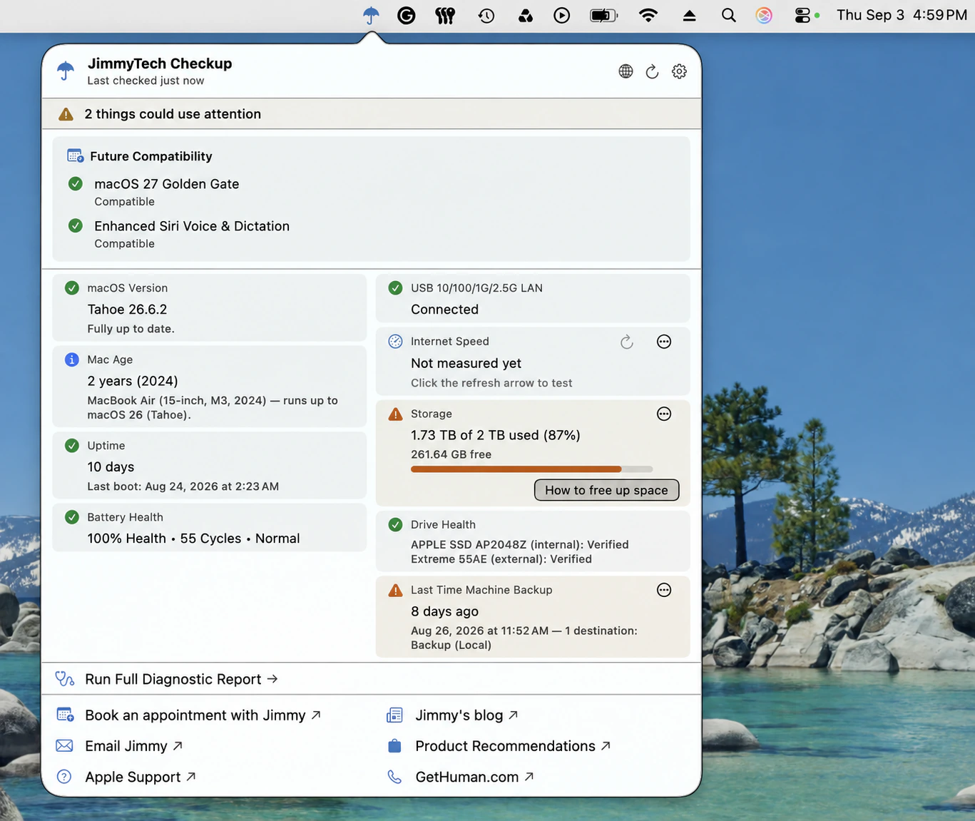 JimmyTech Checkup menu showing macOS compatibility, storage, drive health, and Time Machine backup status