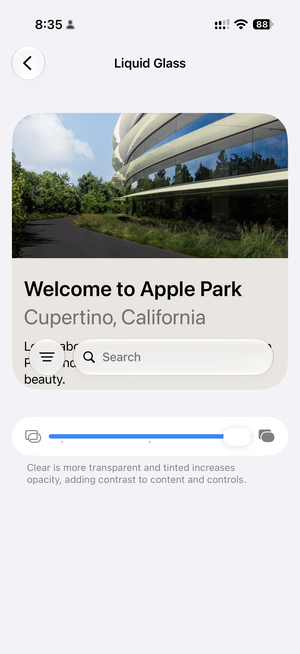 Liquid Glass slider at the tinted end, with opaque menu and search controls.