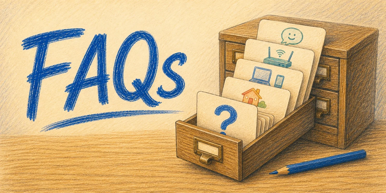 Colored-pencil illustration of an open wooden card-catalog drawer with cards for conversation, Wi-Fi, computers, home, and questions