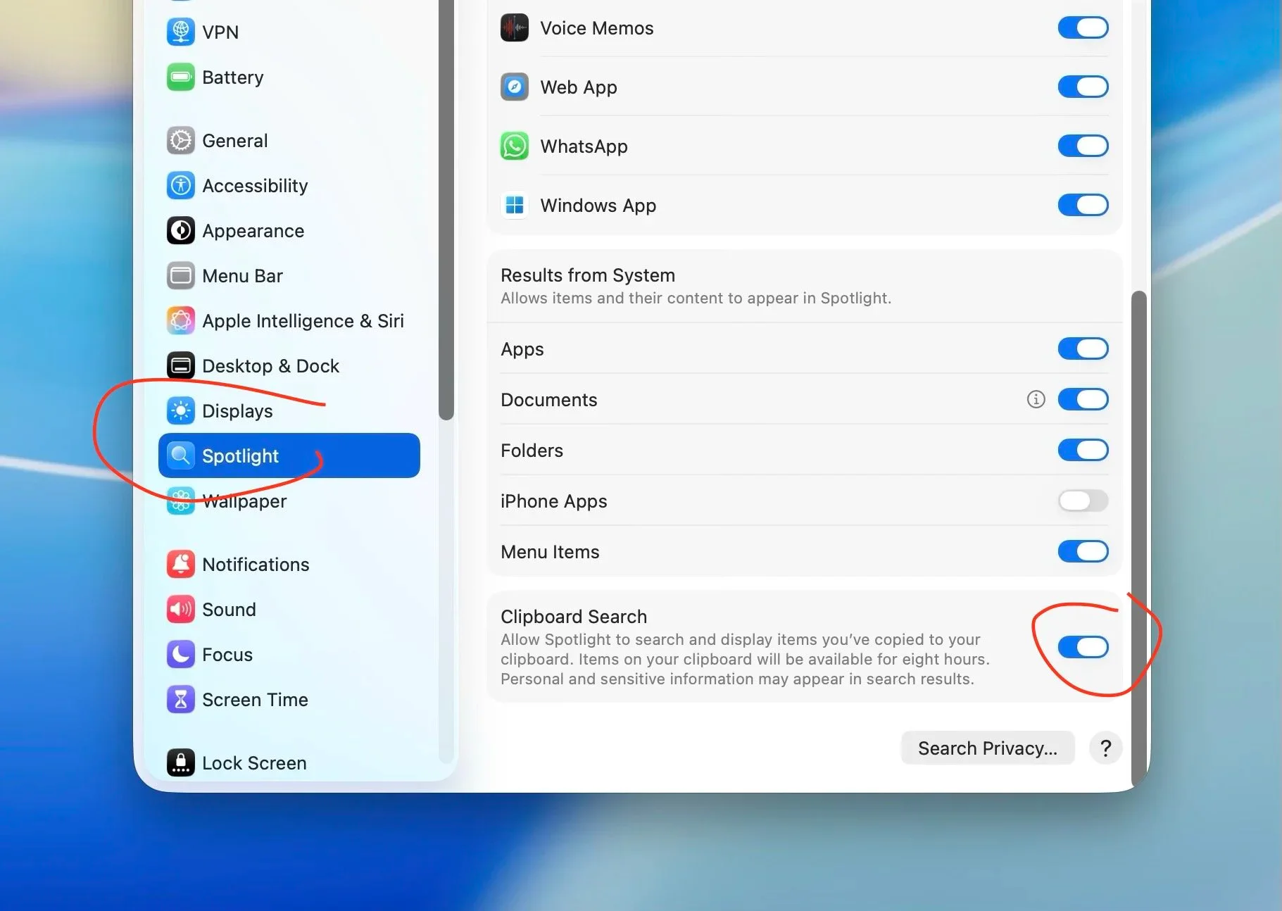 macOS Spotlight settings with Clipboard Search enabled