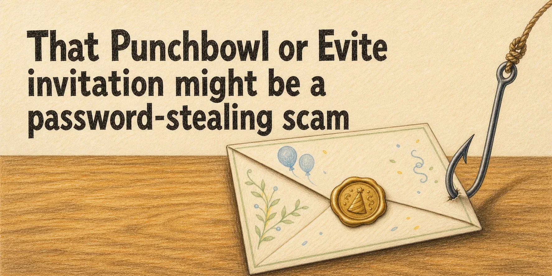 Colored pencil illustration of a party invitation envelope with a fishing hook through it, warning about the fake invitation email scam