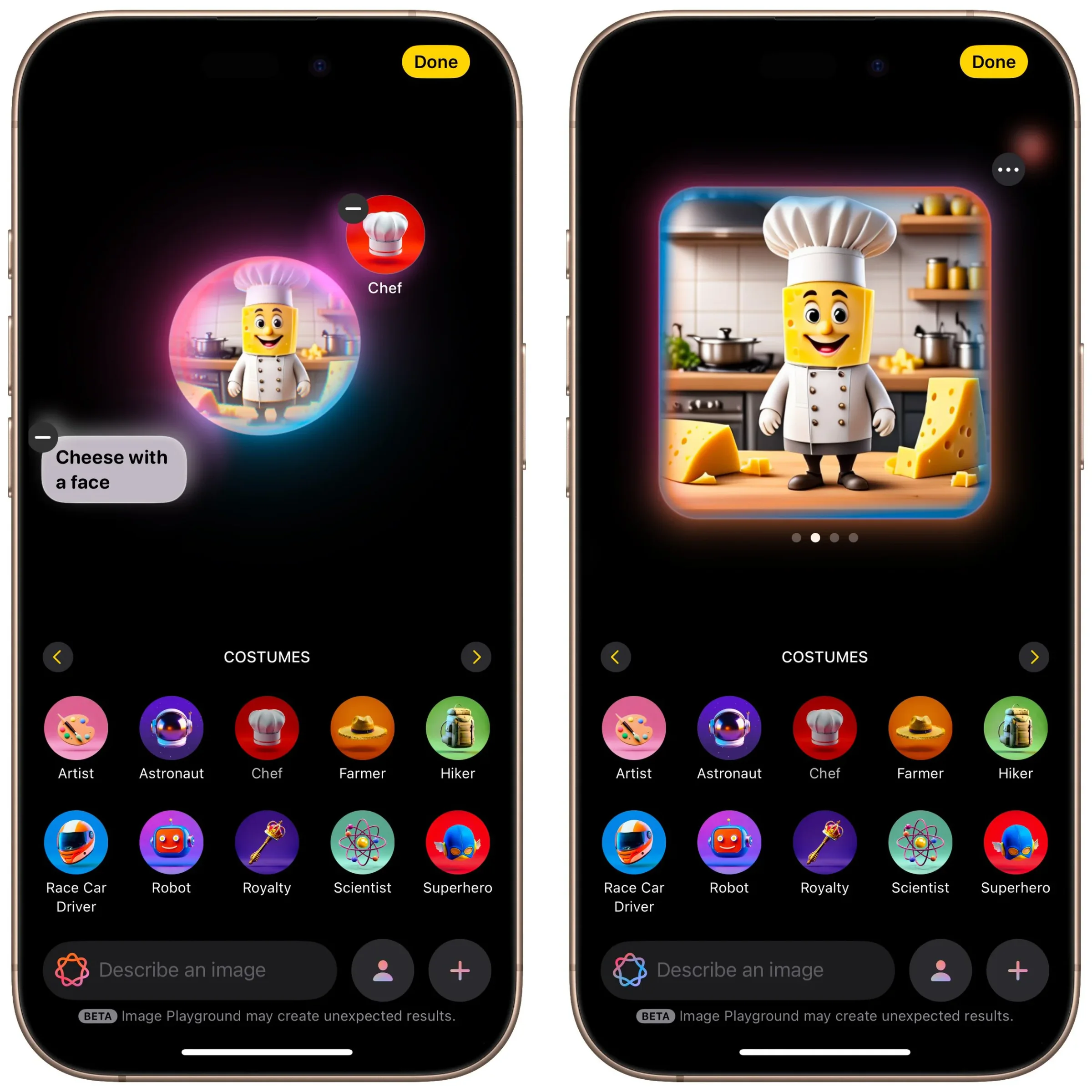 Two iPhone Image Playground screens creating a chef character made of cheese