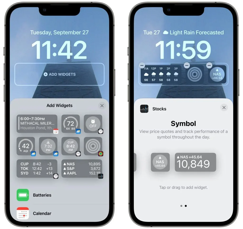 iPhone Lock Screen widget picker showing available widgets and symbols