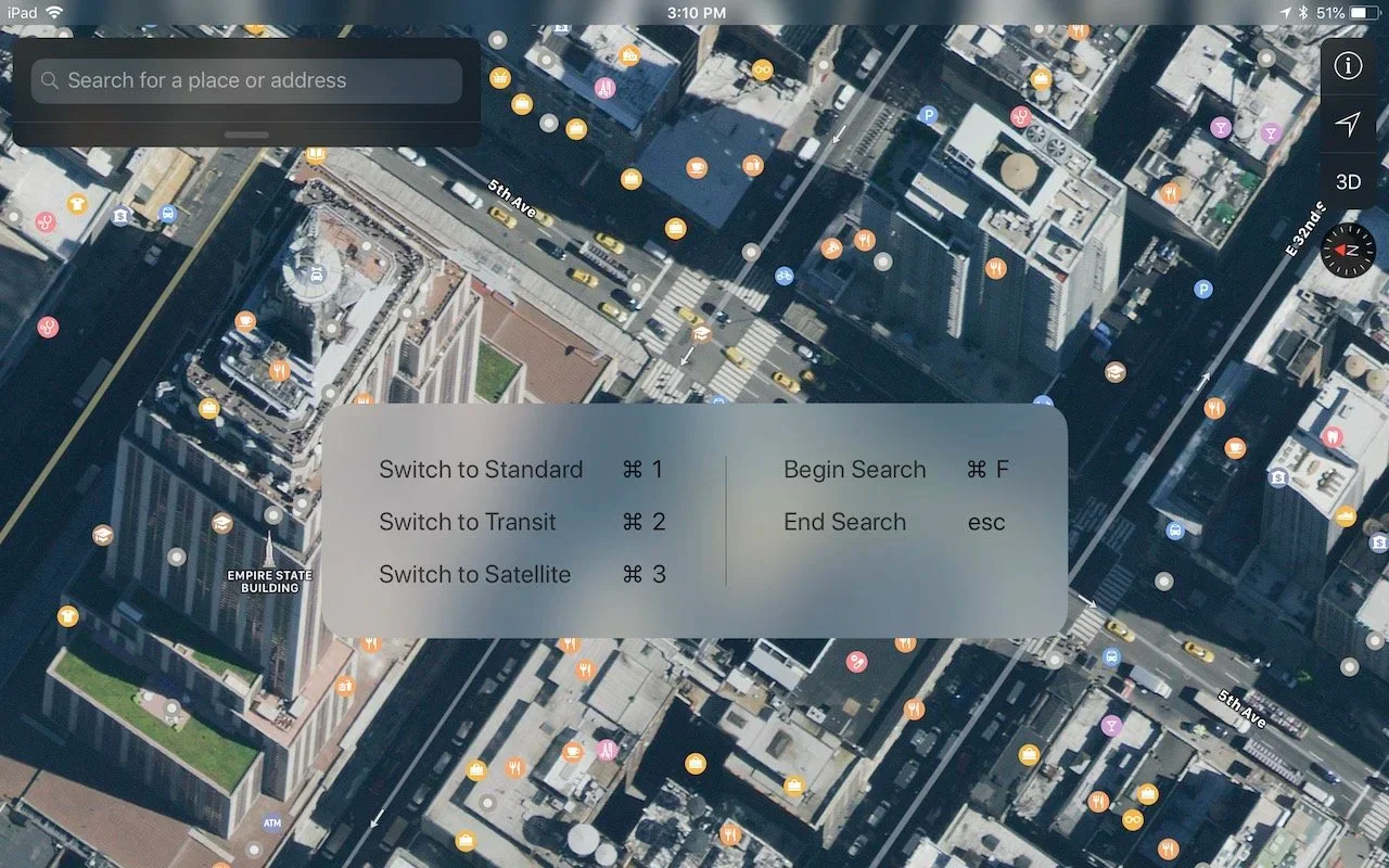 iPad screenshot showing iPad • Search for a place or address -5th Ave