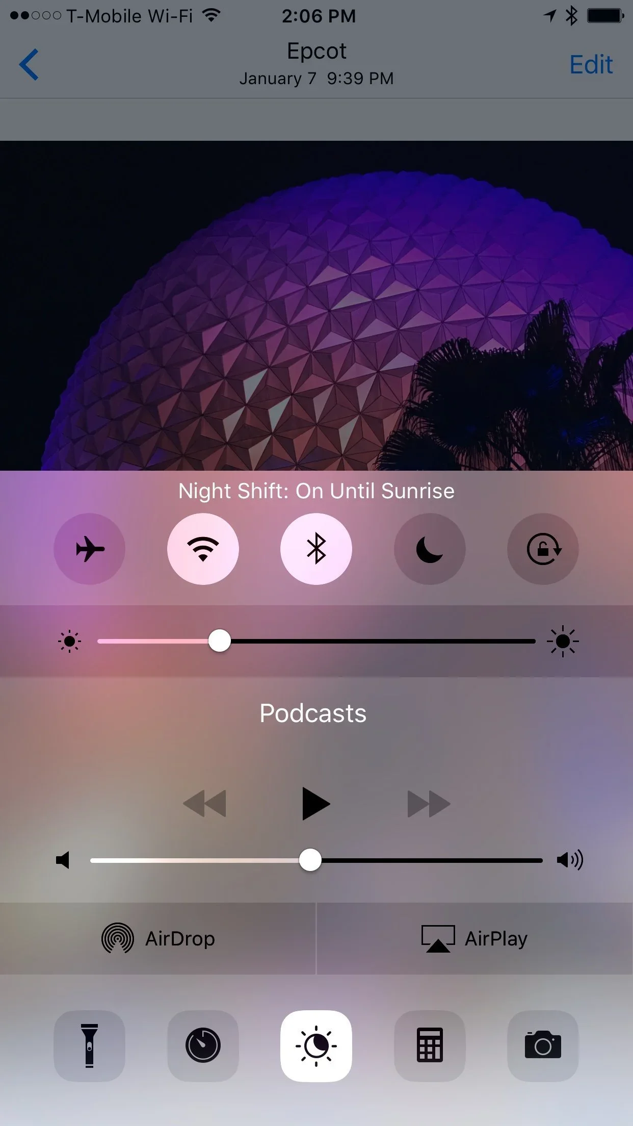 iPhone Control Center with the Night Shift button highlighted