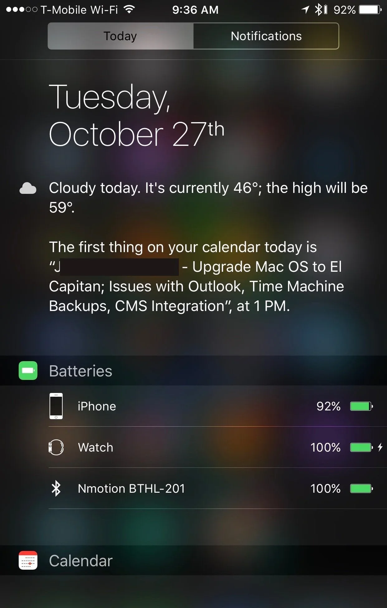 iPhone Notification Center showing battery levels for an iPhone, Apple Watch, and accessory