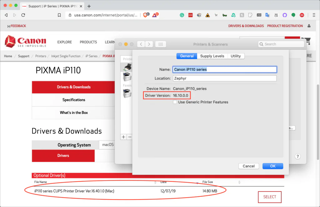 Canon printer support page and macOS Add Printer driver-selection windows