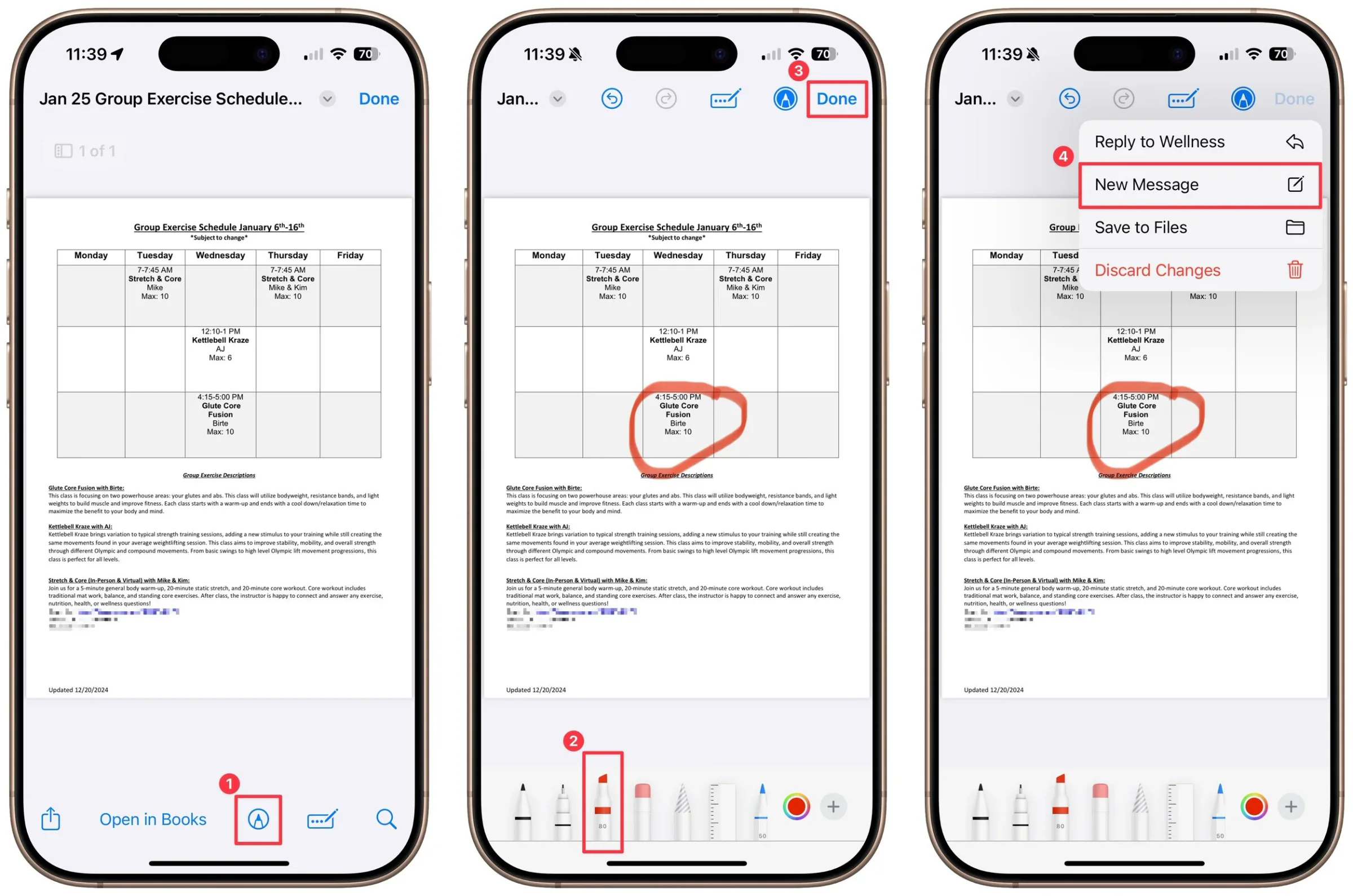 Three iPhones showing how to mark up and reply with a PDF attachment in Mail