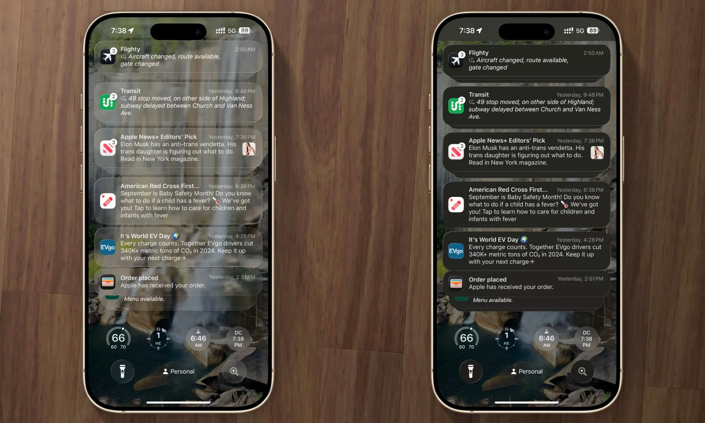Side-by-side iPhones comparing default Liquid Glass with Reduce Transparency enabled