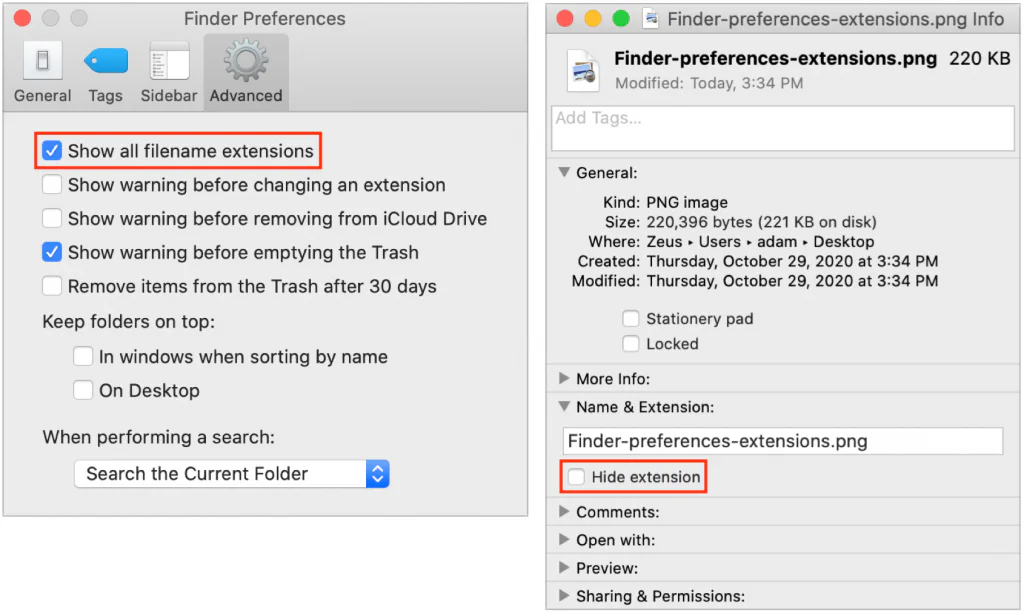 Mac screenshot showing Finder Preferences General Tags Sidebar Advanced