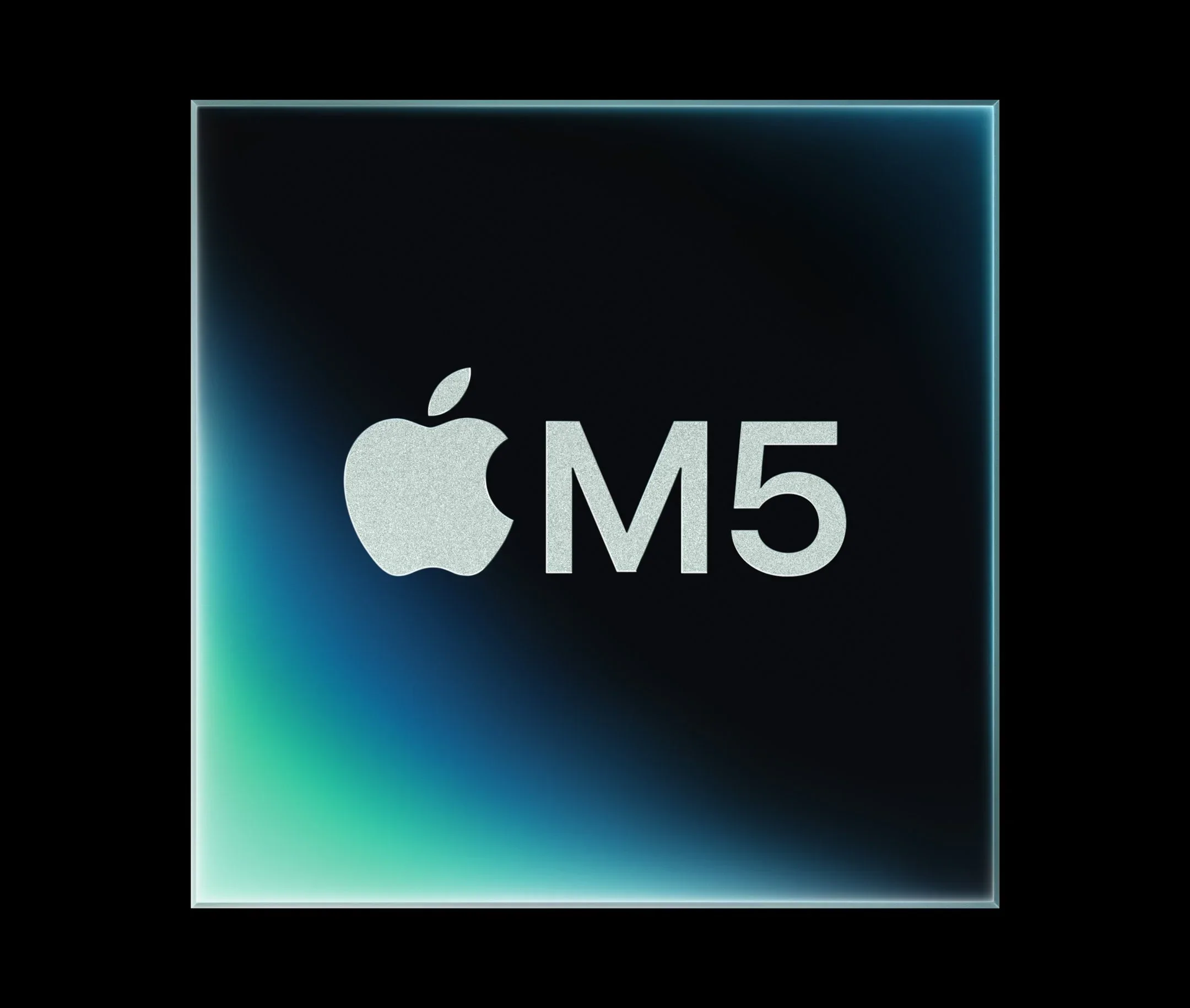 Apple M5 chip logo on a dark gradient background