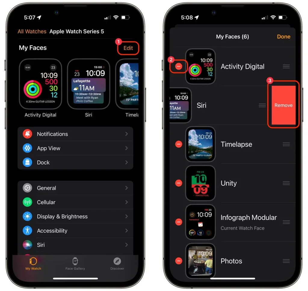iPhone Watch app screens for browsing and managing watch faces