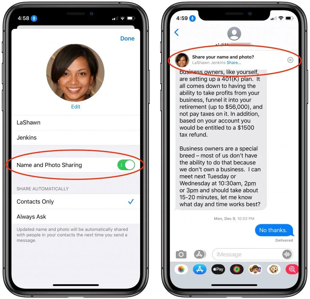 Two iPhone screens showing Messages name and photo sharing settings
