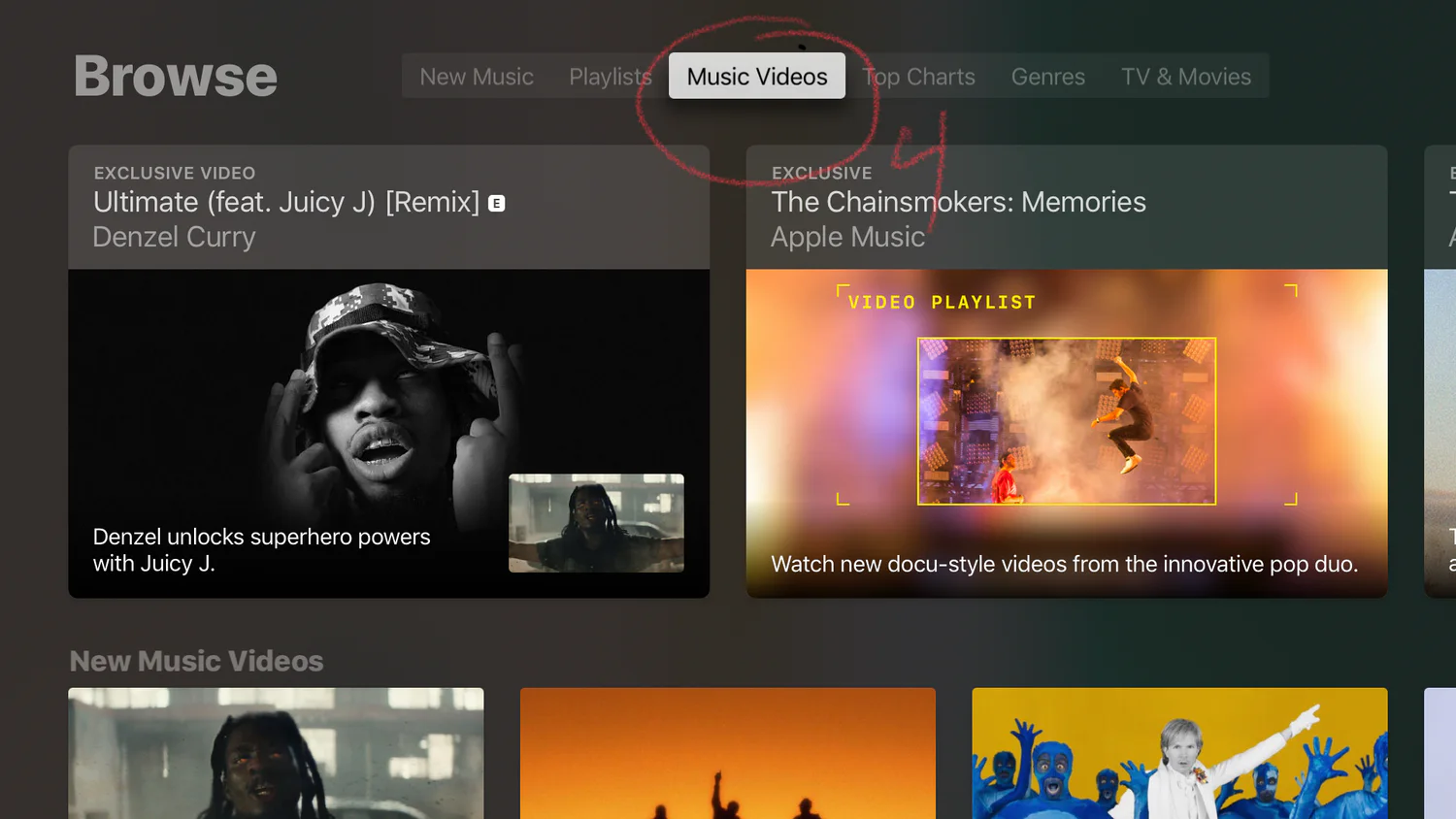 Apple Music Browse page with the Music Videos section highlighted