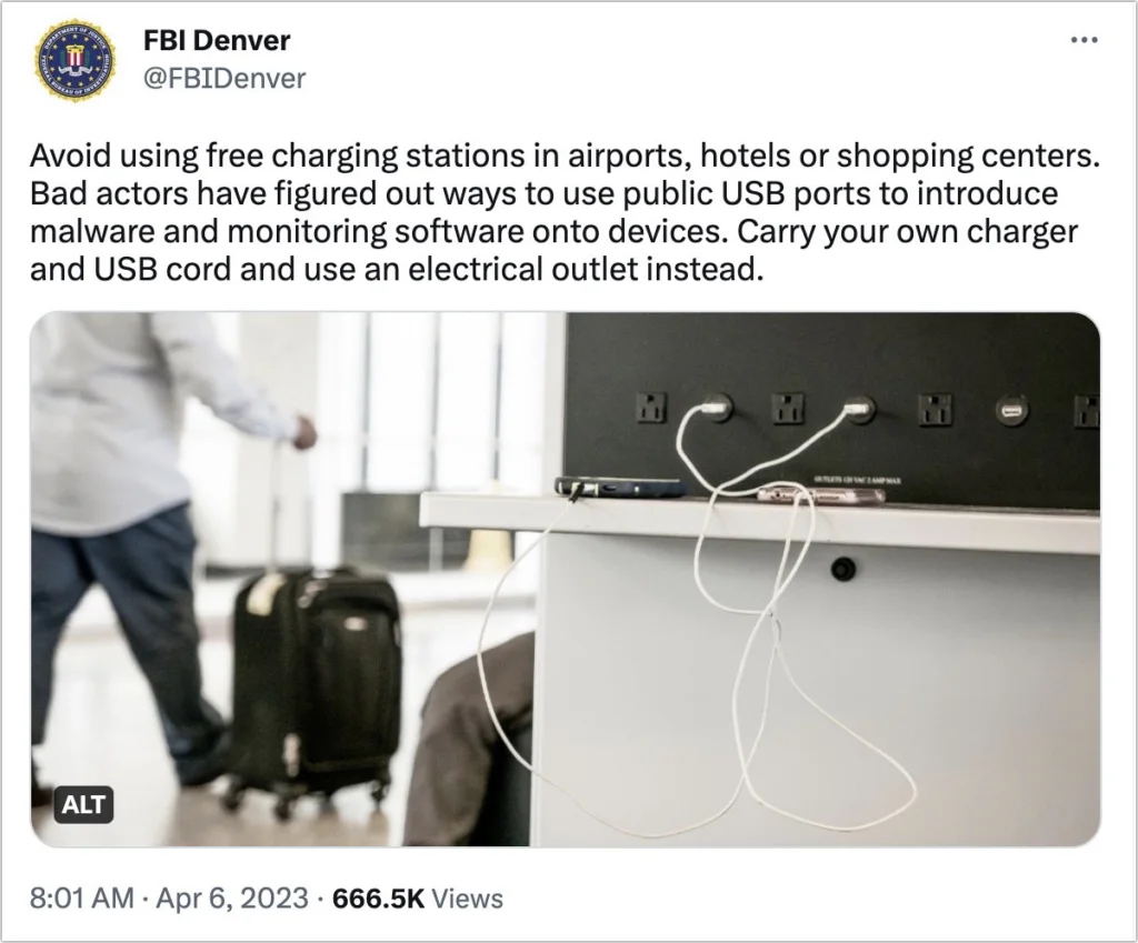 FBI social-media post warning travelers against using free public charging stations