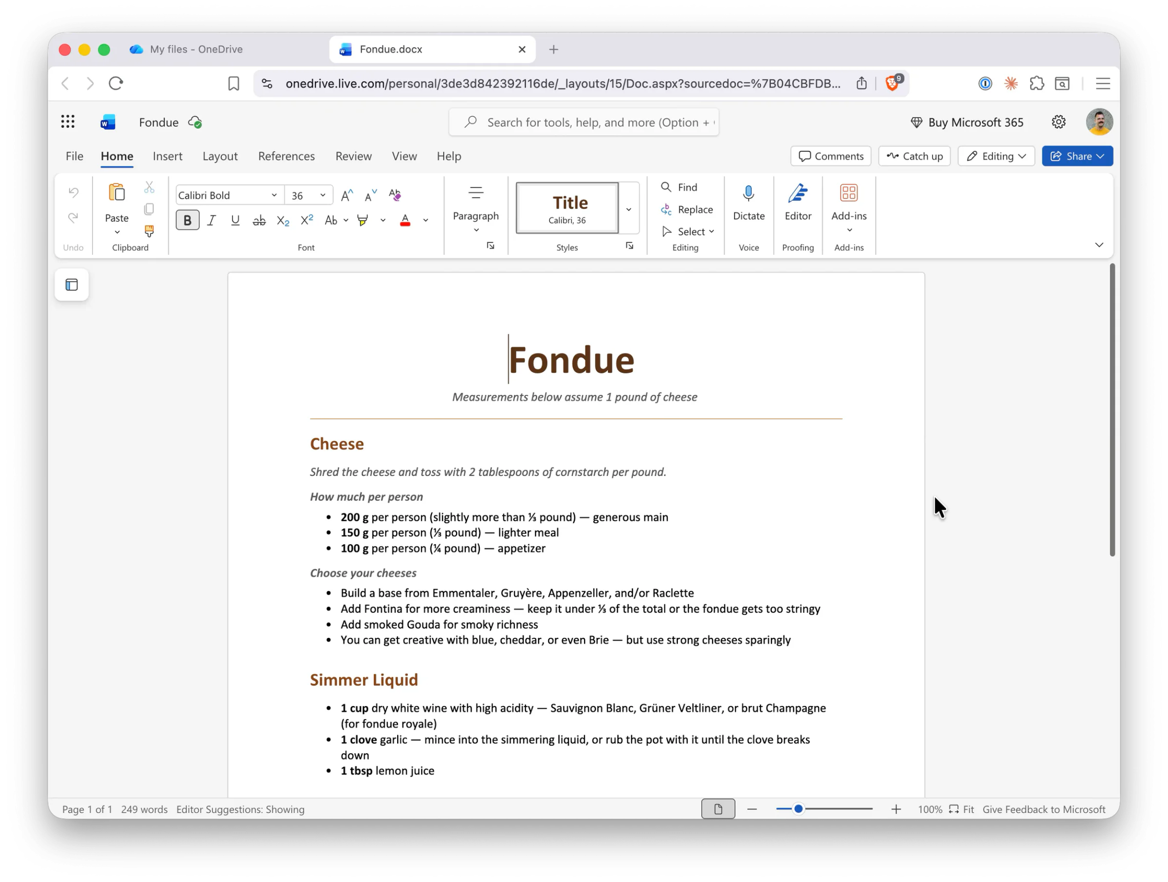 A screenshot of Microsoft Office.com editing a Fondue recipe