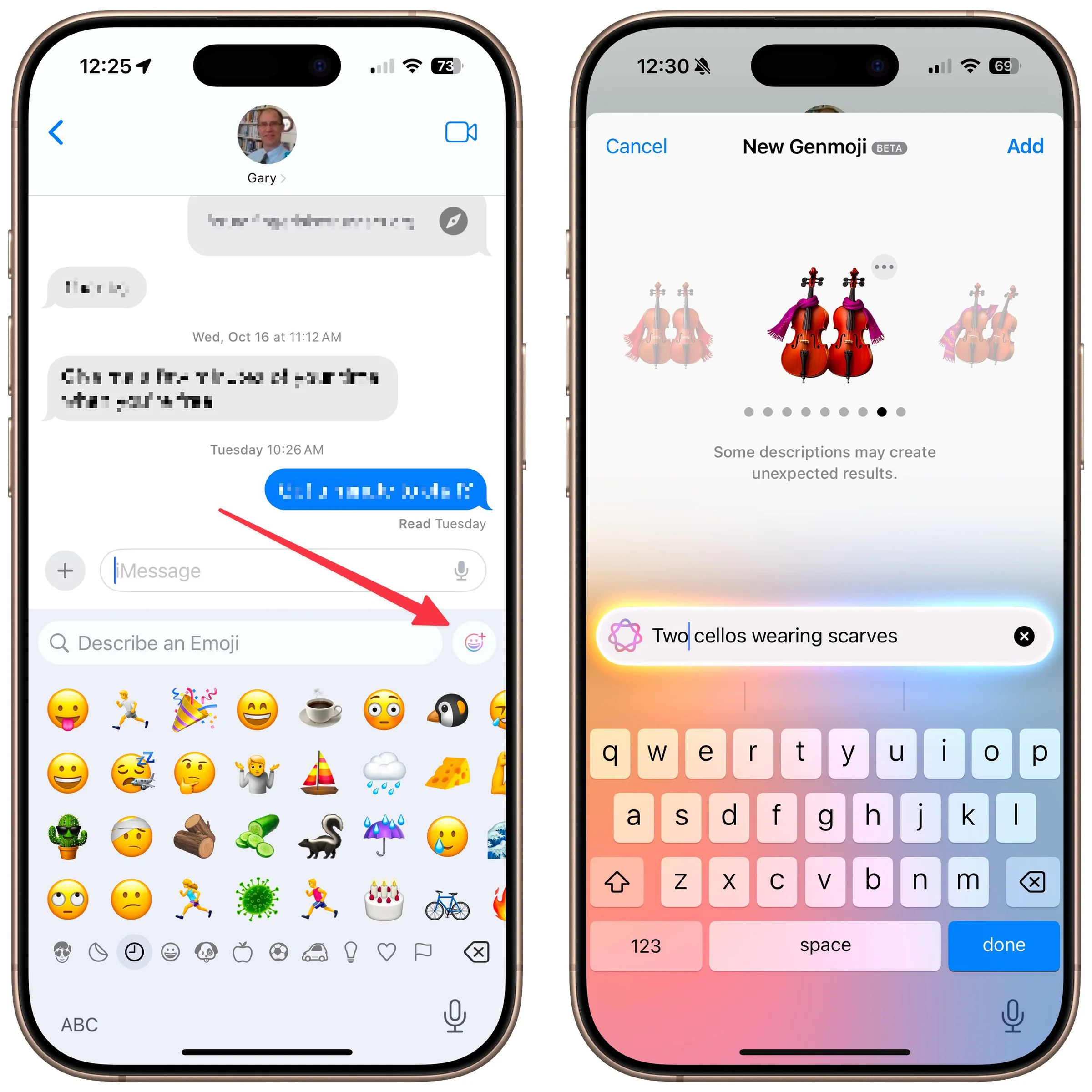 Two iPhones showing how a text prompt creates a two-cellos Genmoji