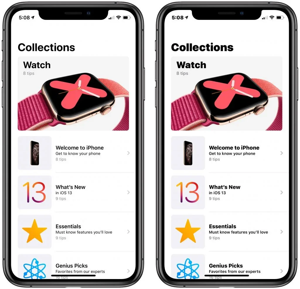 iPhone Watch app screens comparing smaller and larger collection text