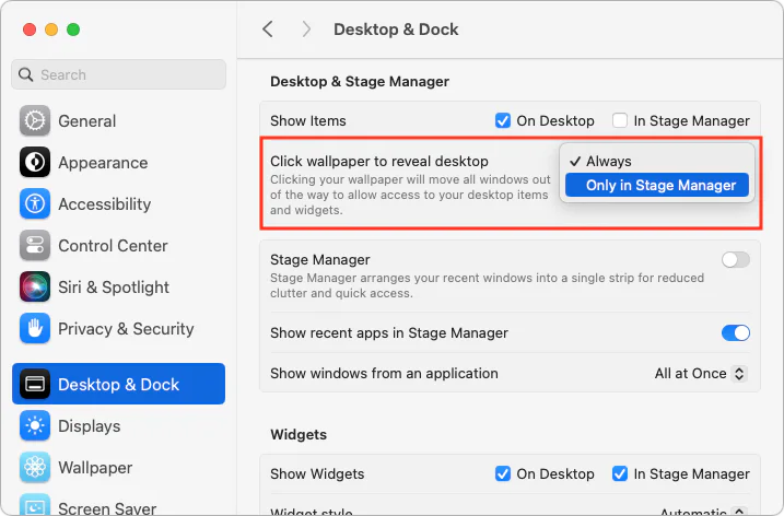 macOS Desktop and Dock settings for clicking the wallpaper to reveal the desktop