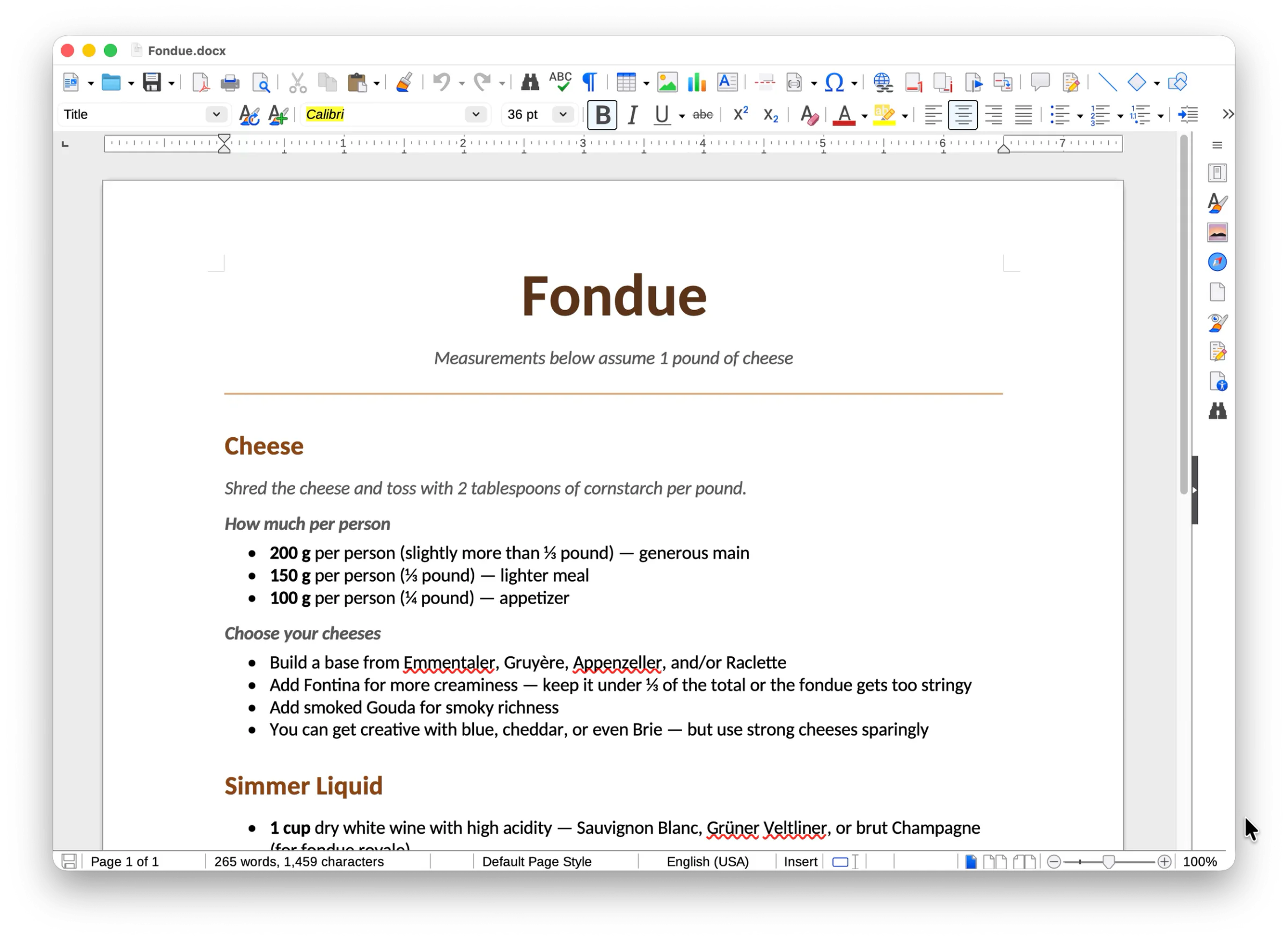 A screenshot of LibreOffice editing a fondue recipe