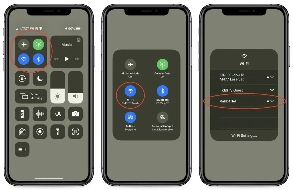 Three iPhone screens showing the Control Center Wi-Fi network picker