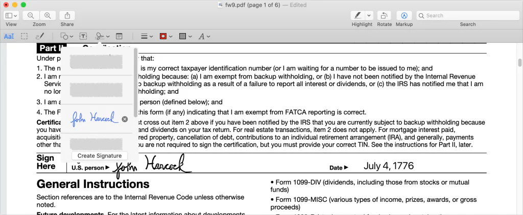 screenshot showing * fw9.pdf (page 1 of 6) - Edited Q Search View