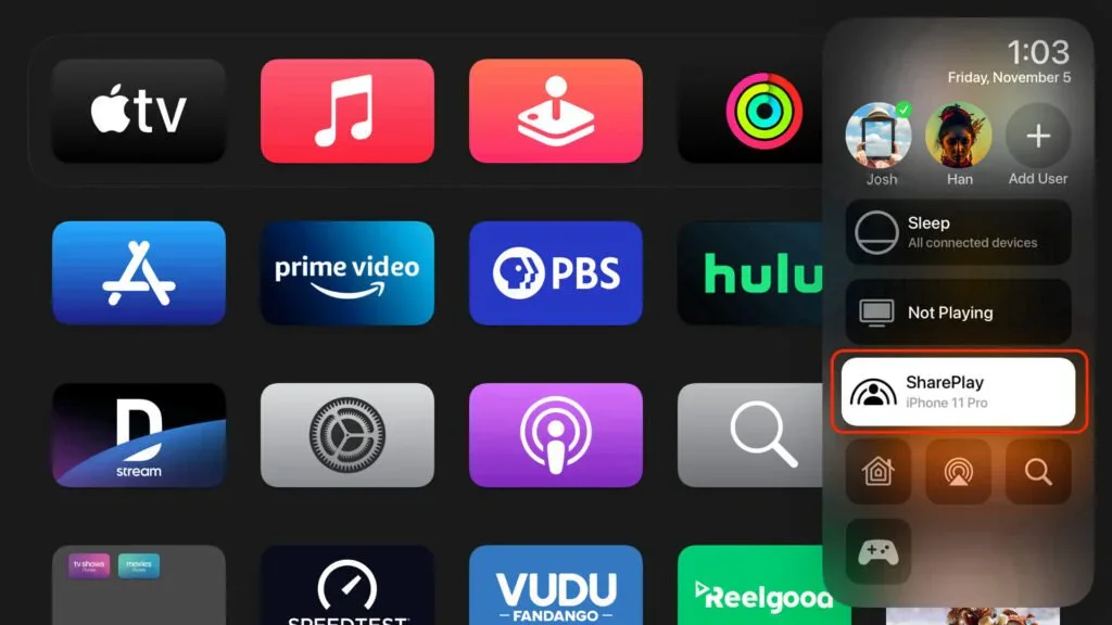 Apple TV Home Screen and SharePlay control panel