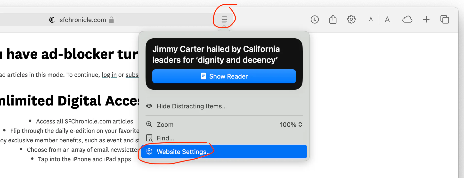 Safari Page menu on the San Francisco Chronicle website, with the Page menu button and Website Settings option circled