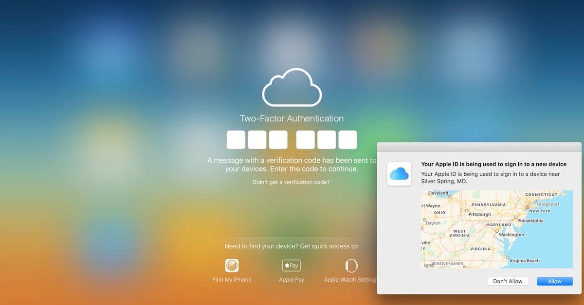 Apple two-factor authentication screen with a trusted-device location alert