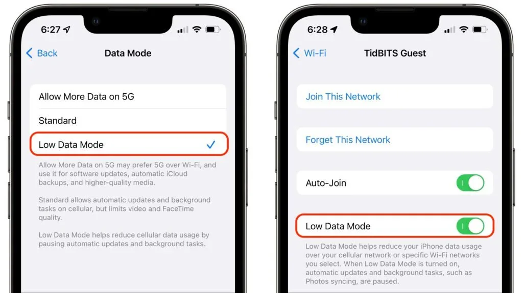 iPhone Cellular and Wi-Fi settings with Low Data Mode highlighted